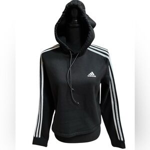 ADIDAS CROPPED  ATHLEISURE ICONIC 3 STRIPE BLACK CASUAL WORKOUT HOODIE TOP SZ M